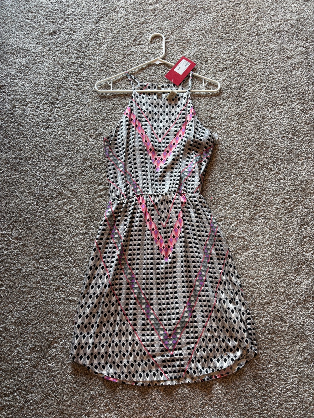 Allison Joy White and Pink Geometric Halter Mini Dress